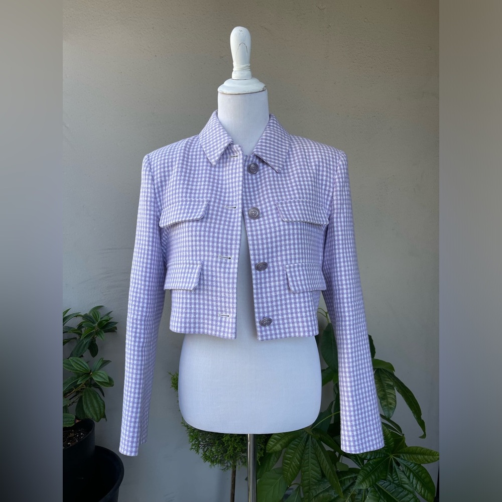 🌿 Zara Printed Cropped Jacket in Lilac, M